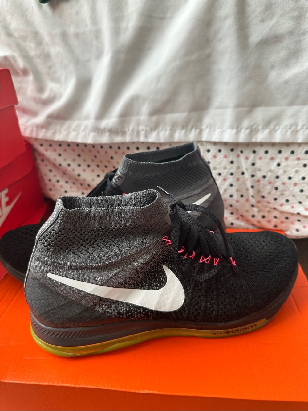 Nike Flyknit High-Top Running Shoes - Black Gray with White and Pink Accents